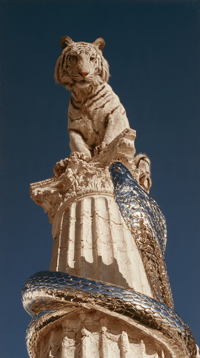 A marble tiger on top of a tall column wrapped by a chrome snake
