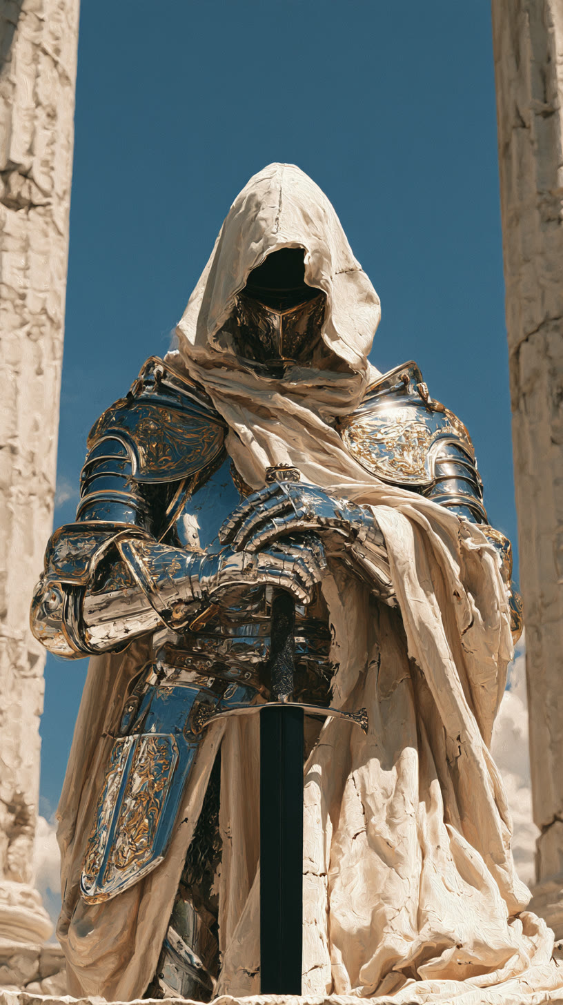 Hooded chrome knight between marble columns
