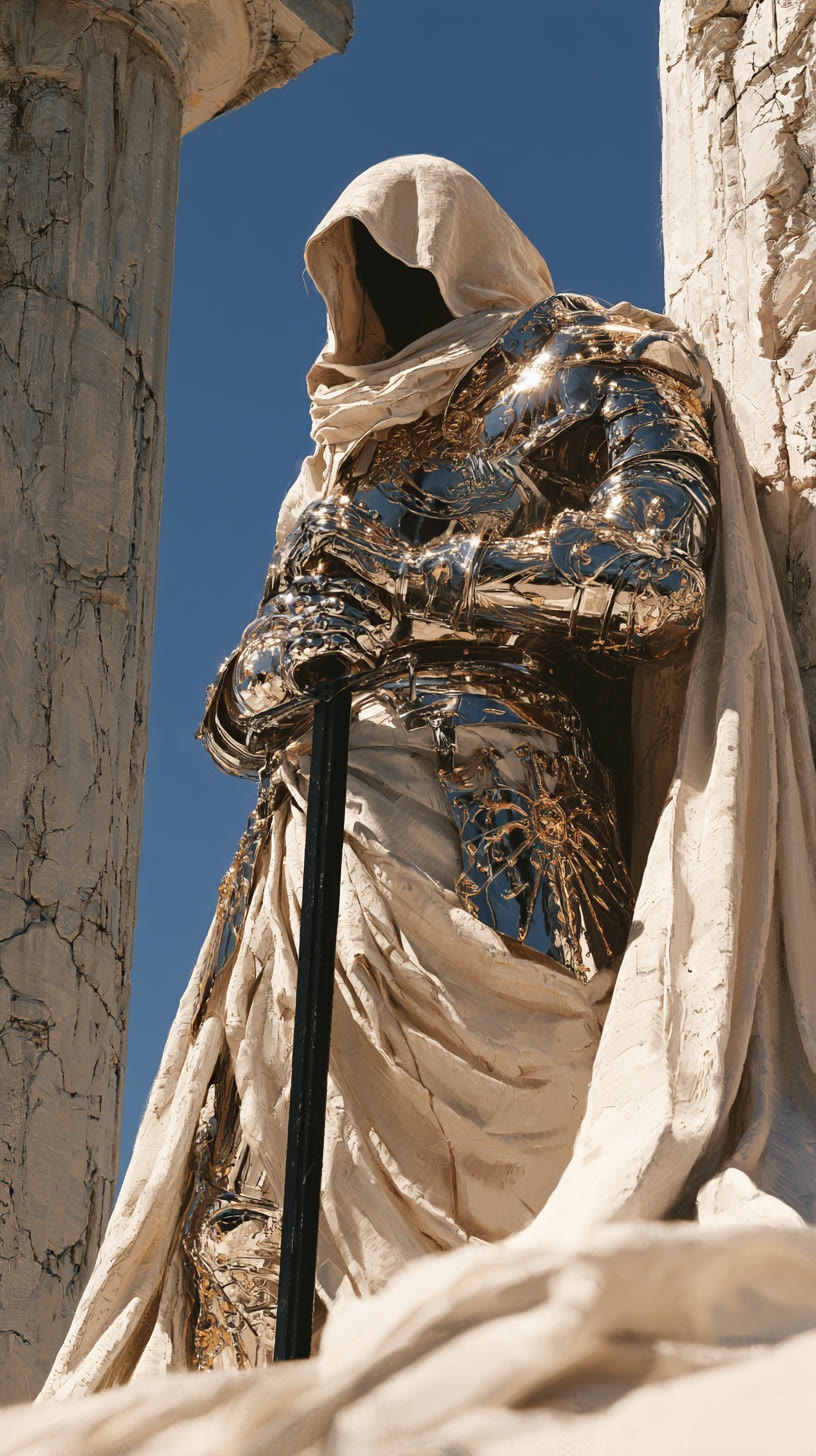Hooded chrome knight leaning on a sword