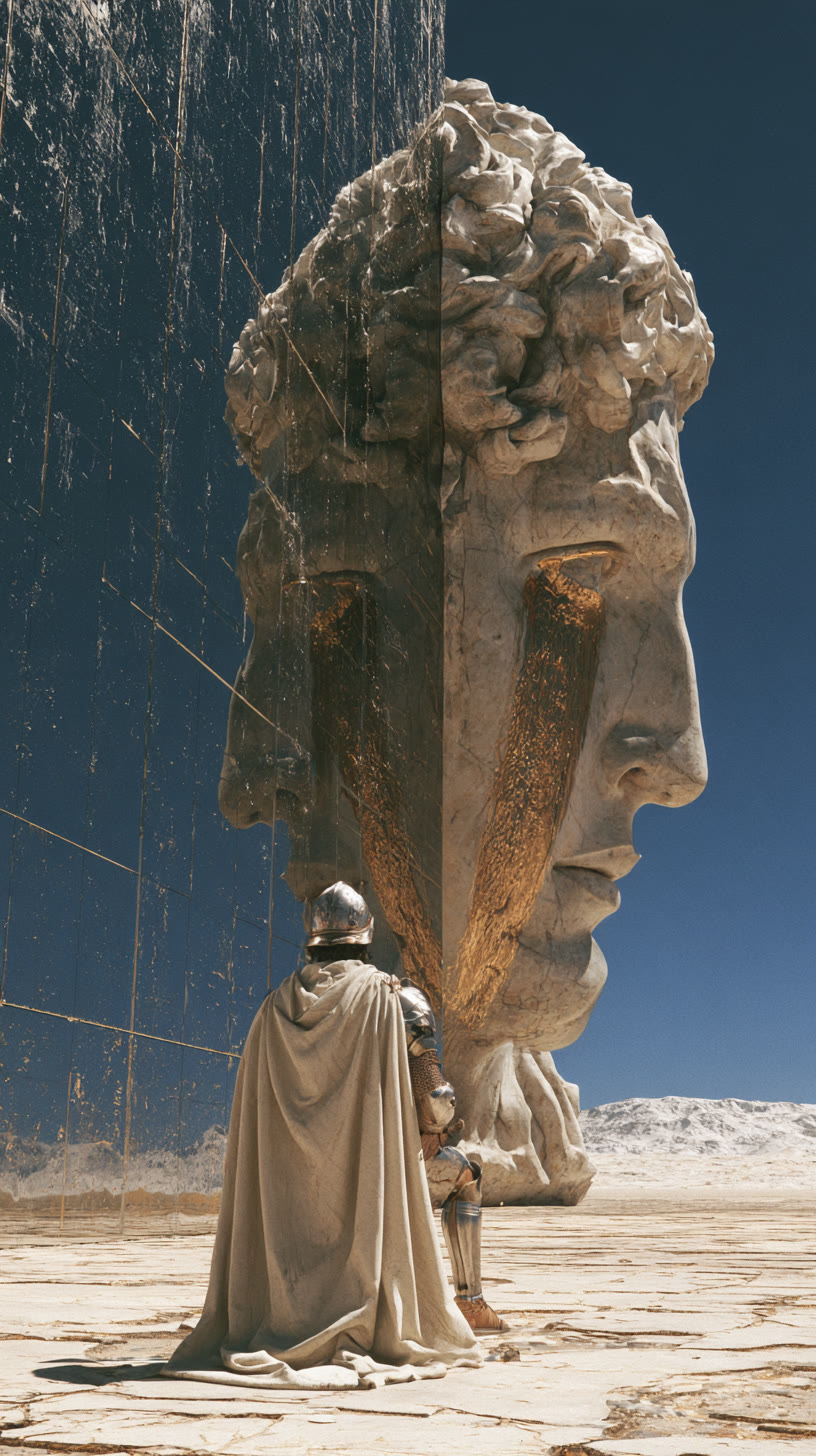 A knight before a giant split marble head