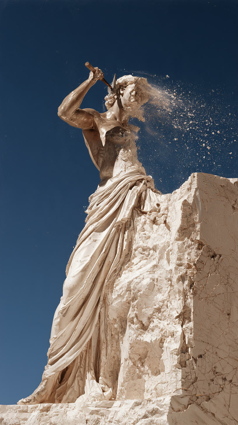 A marble figure sculpting itself