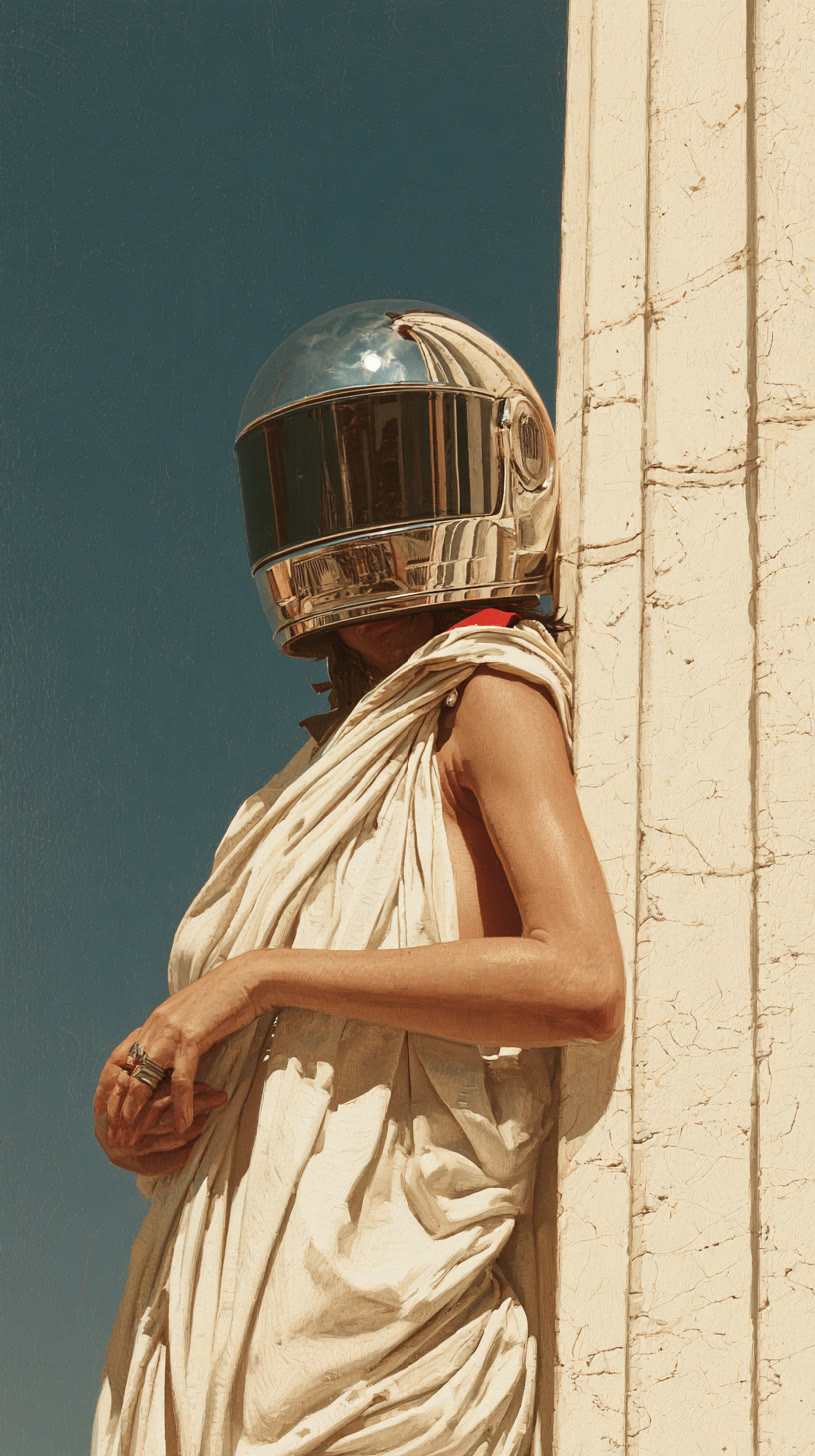 Woman in a toga with a chrome helmet beside a column