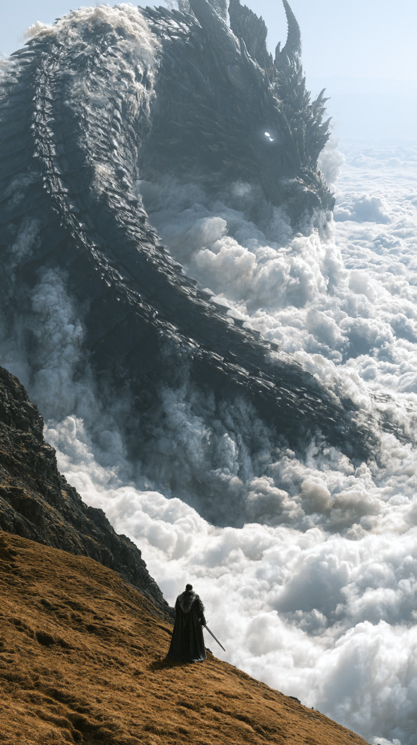 Cloud dragon rising beside a cliff