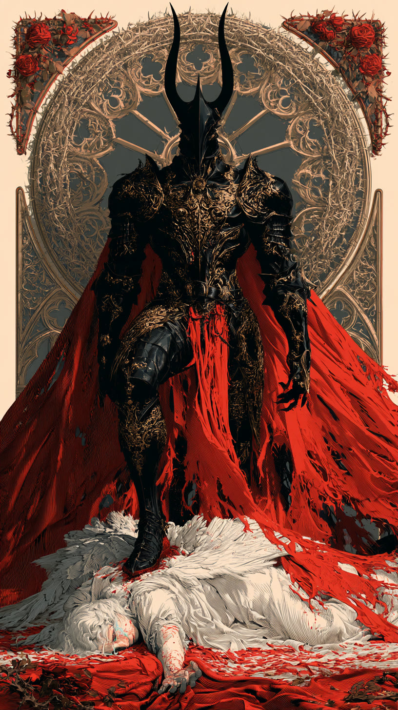 Towering faceless devil standing over a fallen angel