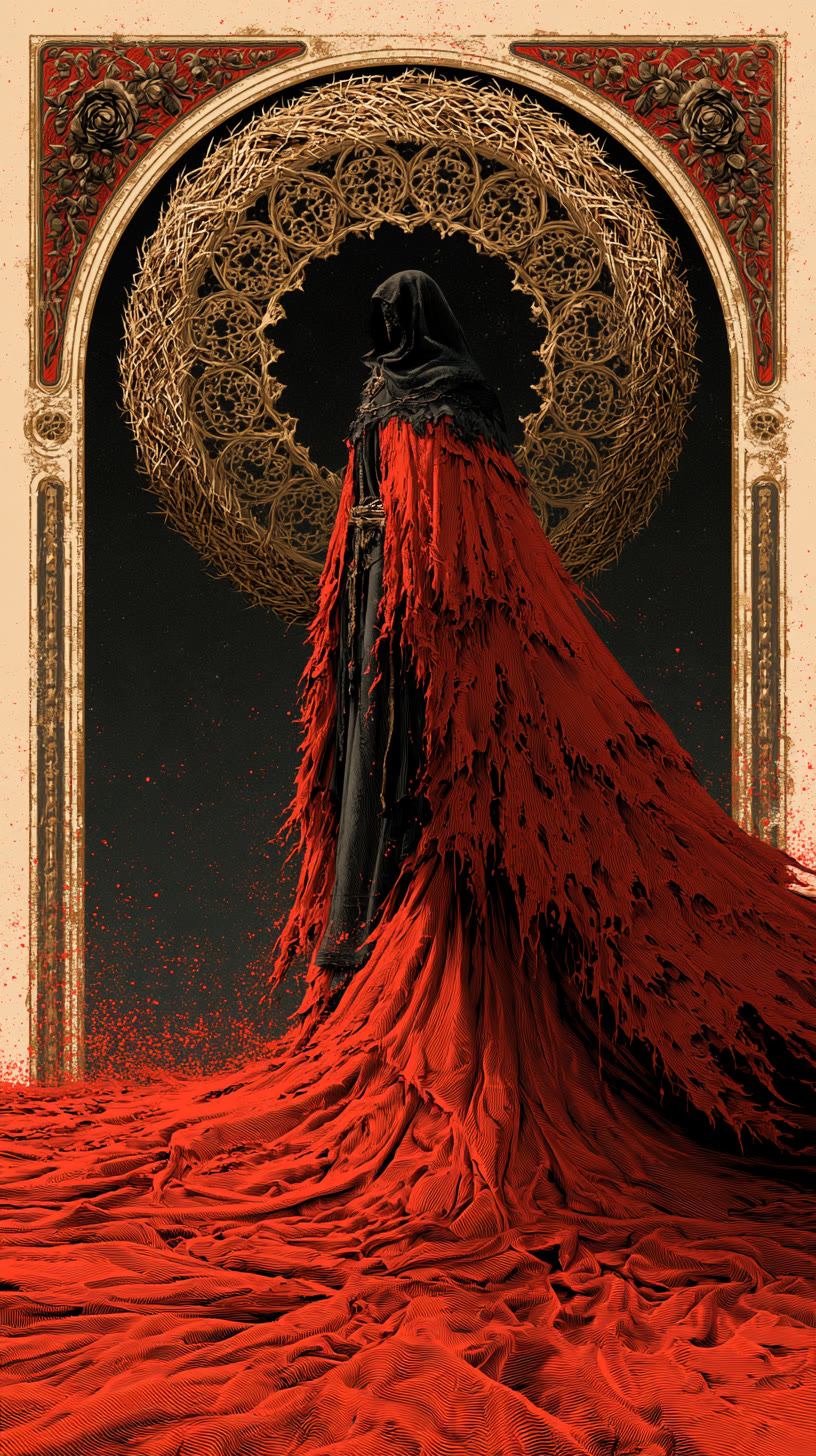 Dark hooded figure before a golden halo