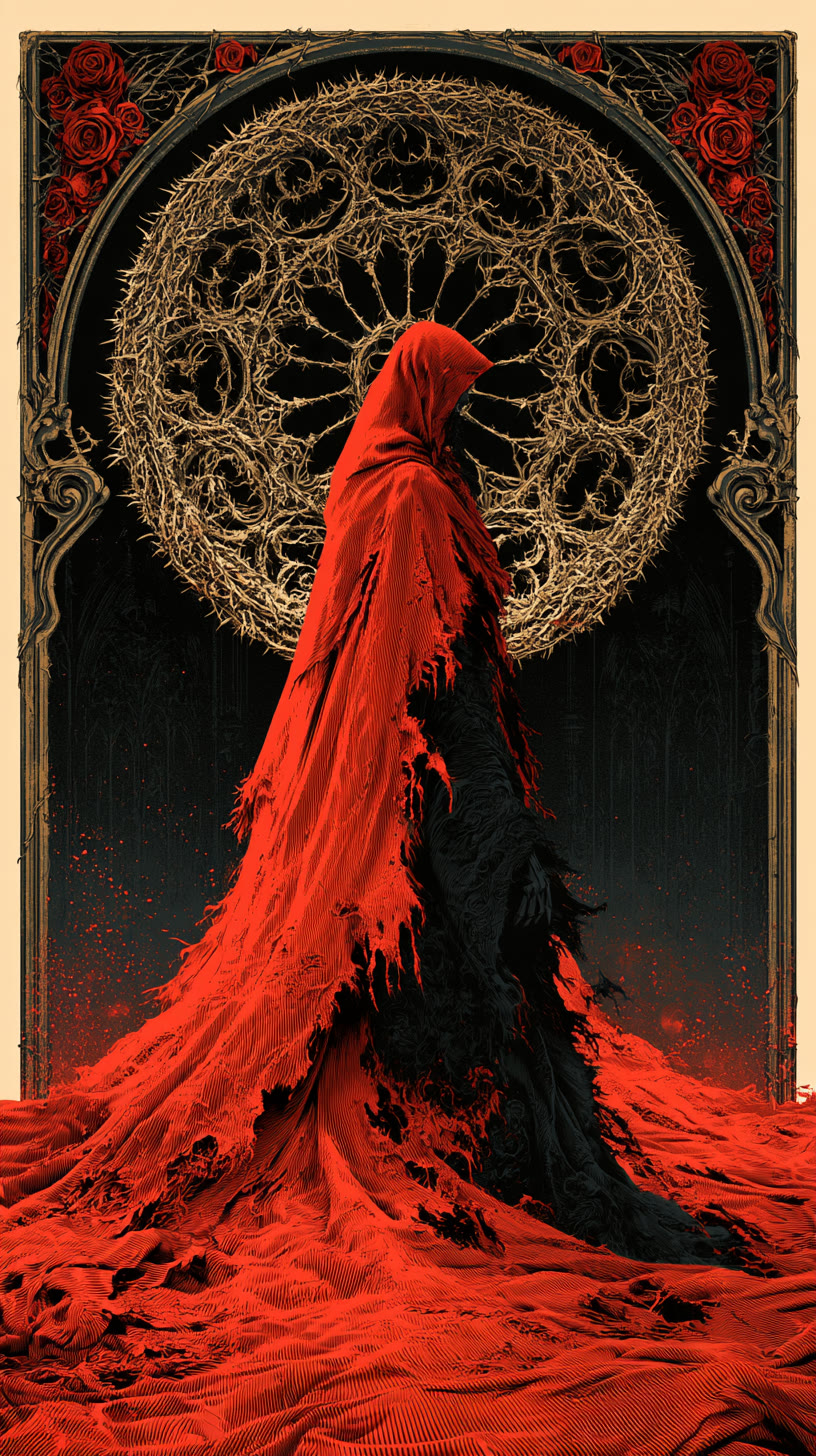 Red hooded figure before a golden rose window
