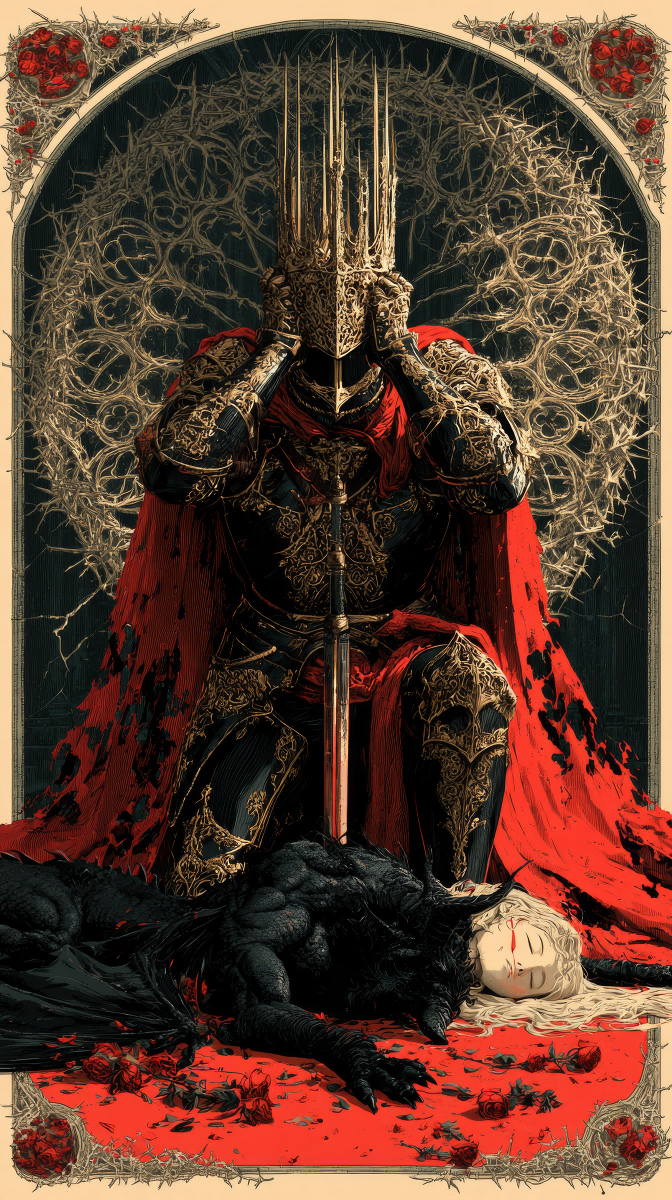 Crowned knight kneeling before a golden halo