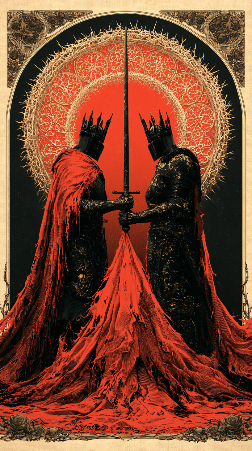 Two crowned knights sharing one sword